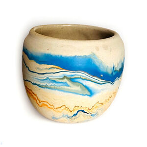 Vintage Nemadji Blue Orange Swirl Studio Art Pottery Vase 4" Tall x 4.75" Wide